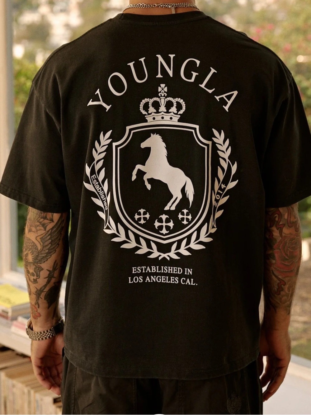 YoungLA Black Wash Crewneck T-Shirt with White Chest Logo. Durable Size Med NEW